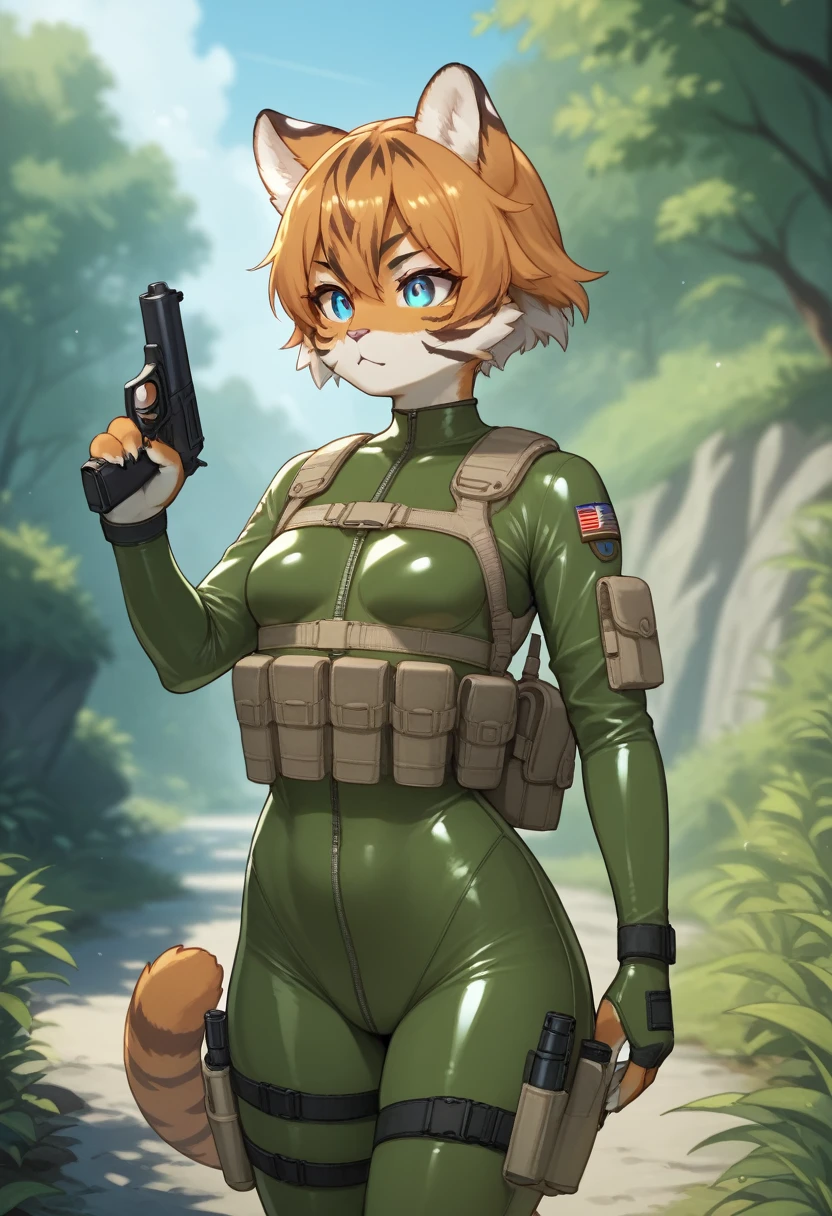 score_9, score_8_up) score_7_up, score_6_up, solo, tiger, kemono, anthro, cute, short hair, blue eyes, white pupils, sexy pose, orange fur, tactical harness, assassin girl, body suit, tactical gloves, latex, small breasts, outside, pistol, 