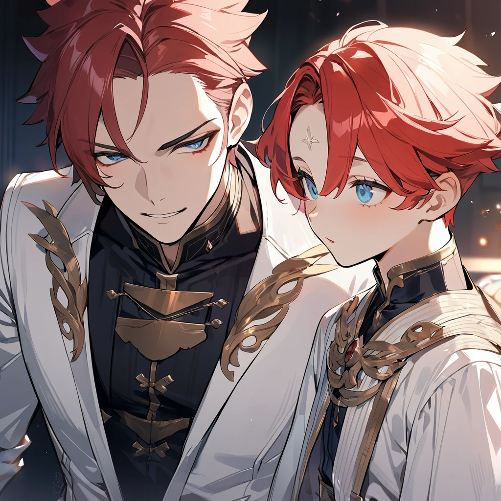 ((1 man)), High quality, hd, 4k, Handsome male, 1male, red hair, dark blue eyes, deep blue eyes, short hair, very short hair, hair is not on his forehead, clear forehead, wearing white noble clothes 