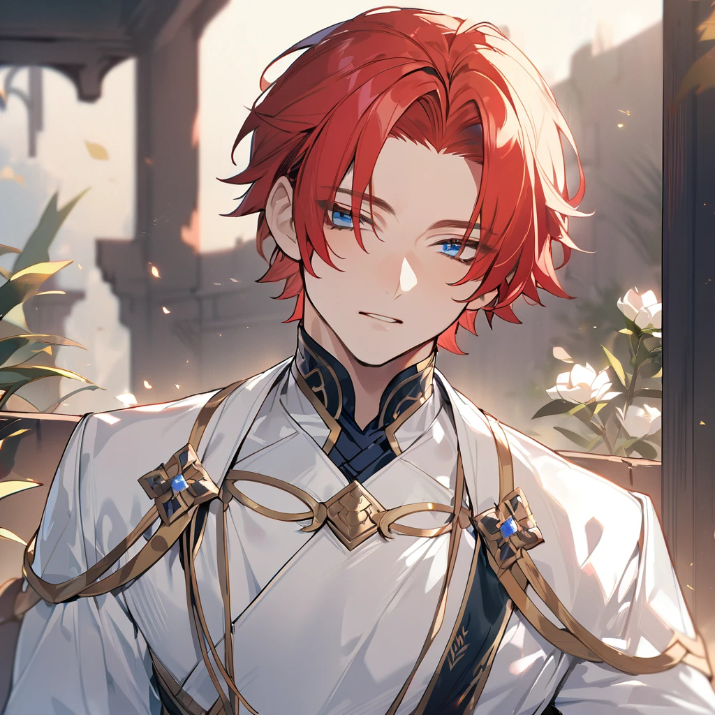 ((1 man)), High quality, hd, 4k, Handsome male, 1male, red hair, dark blue eyes, deep blue eyes, short hair, very short hair, hair is not on his forehead, clear forehead, wearing white noble clothes 