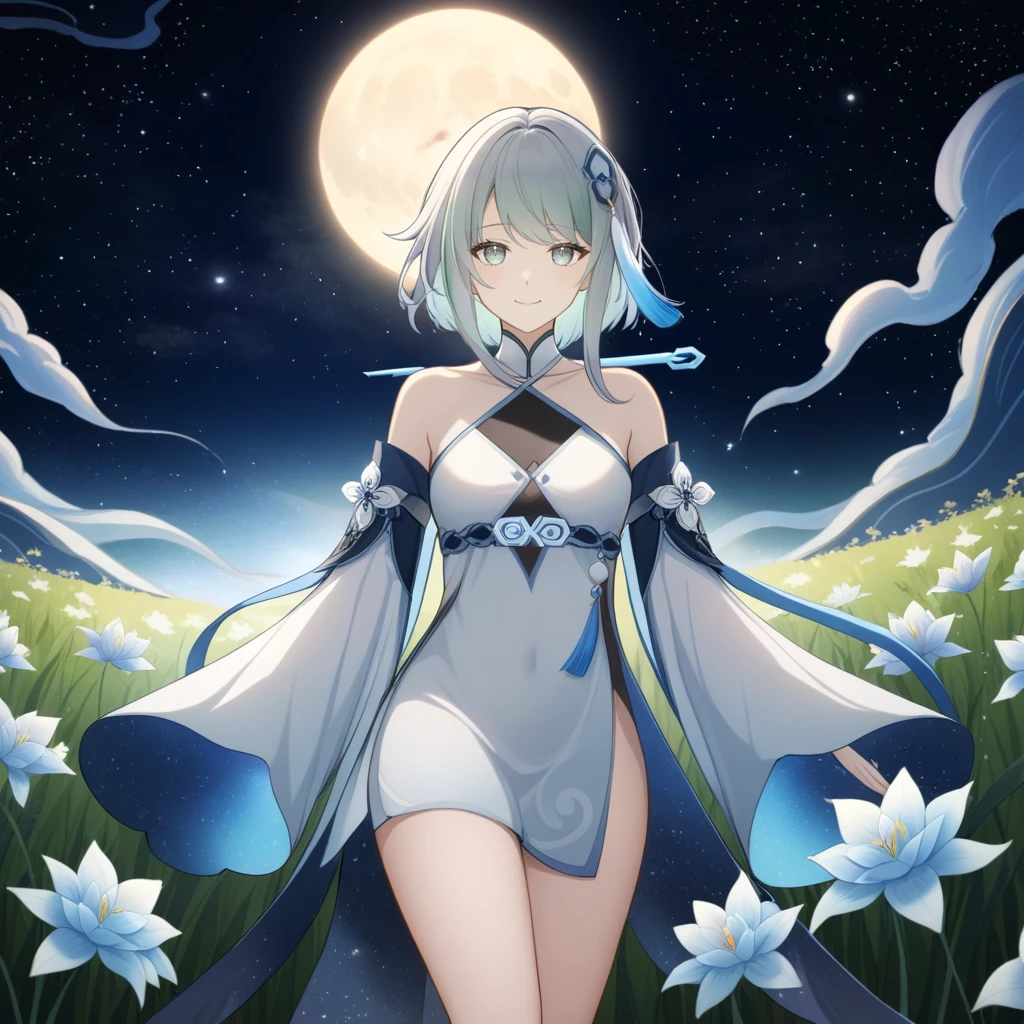 1girl, guizhong_\(genshin_impact\),light grey hair,short_hair_with_long_locks,starry_sky_print,detached_sleeves, long sleeves_past_fingers,hanfu,illustrated by matsuryuu and agahari and dsmile,pale blue eyes,stunning field of softly glowing blue and white glaze lilies,night scene,gentle smile,moonlight,glossy lips,vivid anime coloring,cel shading,smooth, soft dreamy focus,anklet,halter_top,white clothes,highly detailed,digital painting,field of flowers,bare_shoulders,wlop,barefoot,cool night tones, magical night scene,masterpiece, best quality, film, professional, 4k, highly detailed,Guardian nebula of rainbow light and silvery vapor,starry,cosmic,goddess,rich color,hdr,silver moon,

A woman shrouded in mystery, Stand gracefully on the endless shore, Surrounded by shimmering stardust, The bell Creates a faint glow in the haze. Her face, Full of expression and depth
