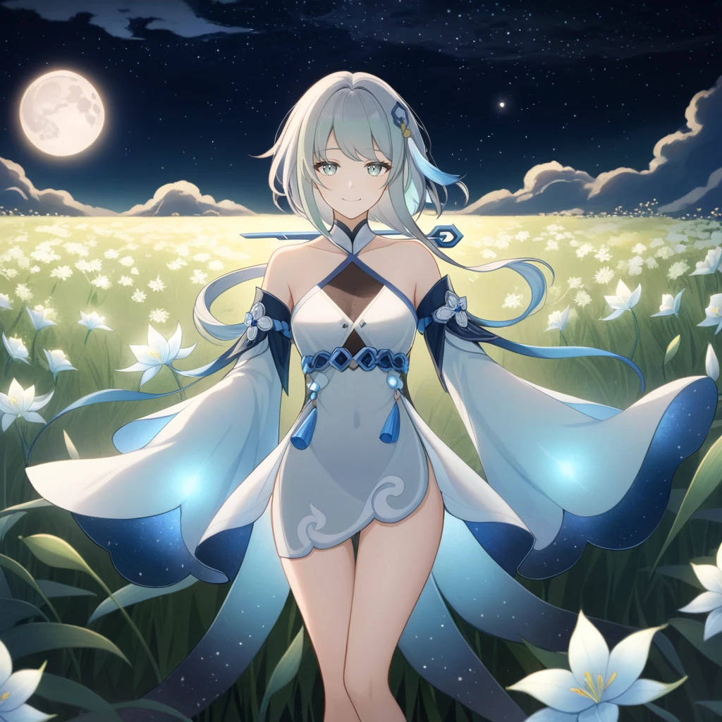 1girl, guizhong_\(genshin_impact\),light grey hair,short_hair_with_long_locks,starry_sky_print,detached_sleeves, long sleeves_past_fingers,hanfu,illustrated by matsuryuu and agahari and dsmile,pale blue eyes,stunning field of softly glowing blue and white glaze lilies,night scene,gentle smile,moonlight,glossy lips,vivid anime coloring,cel shading,smooth, soft dreamy focus,anklet,halter_top,white clothes,highly detailed,digital painting,field of flowers,bare_shoulders,wlop,barefoot,cool night tones, magical night scene,masterpiece, best quality, film, professional, 4k, highly detailed,Guardian nebula of rainbow light and silvery vapor,starry,cosmic,goddess,rich color,hdr,silver moon,

A woman shrouded in mystery, Stand gracefully on the endless shore, Surrounded by shimmering stardust, The bell Creates a faint glow in the haze. Her face, Full of expression and depth
