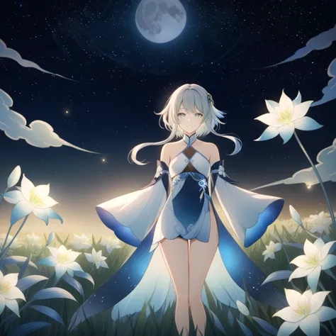 1girl, guizhong_\(genshin_impact\),light grey hair,short_hair_with_long_locks,starry_sky_print,detached_sleeves, long sleeves_pa...