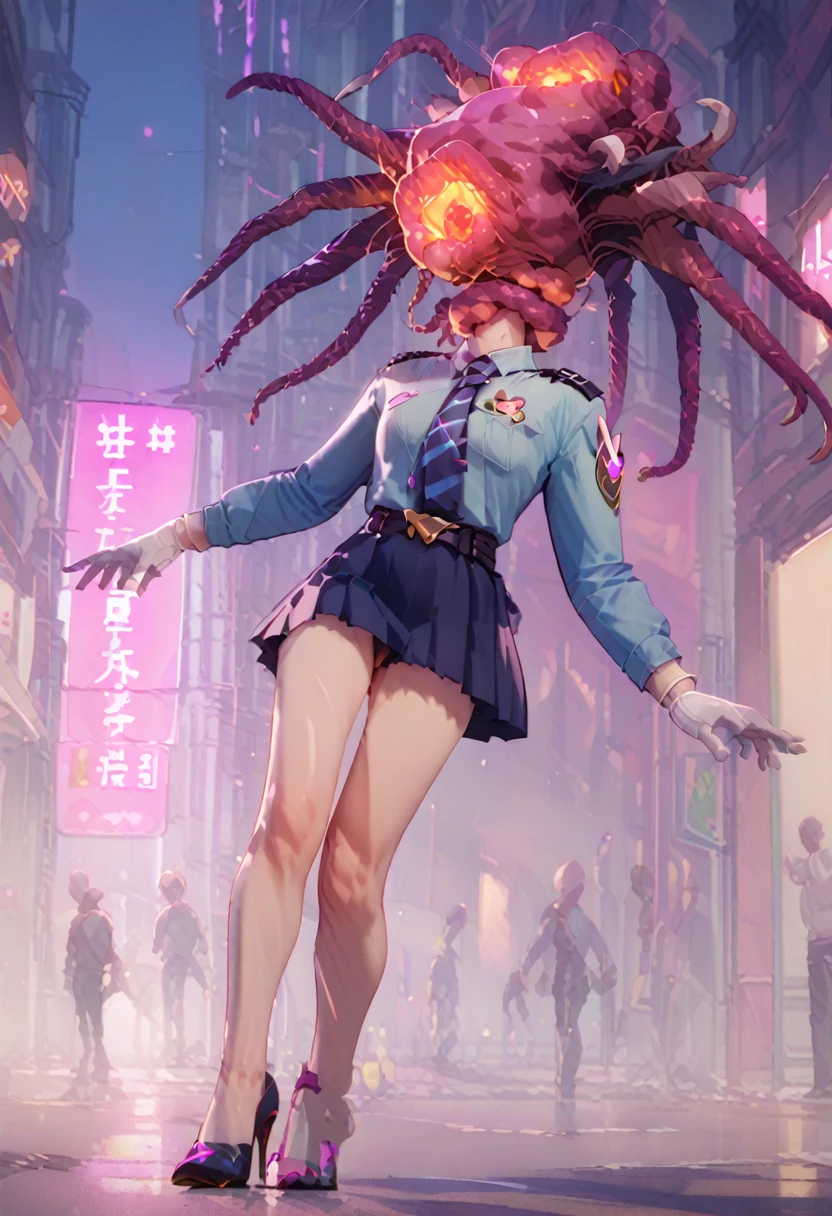 score_9, score_8_up, score_7_up, 1girl, solo focus, officerdva, d.va (overwatch), white gloves, high waisted skirt, bodycon miniskirt, city downtown, long sleeves, high heels,score_9,score_8_up,score_7_up BREAK neaparasite,glowing,monster,(tentacle_sex),lying on back from side profile view wide shot,h3ad,(((headless))),city,moon
