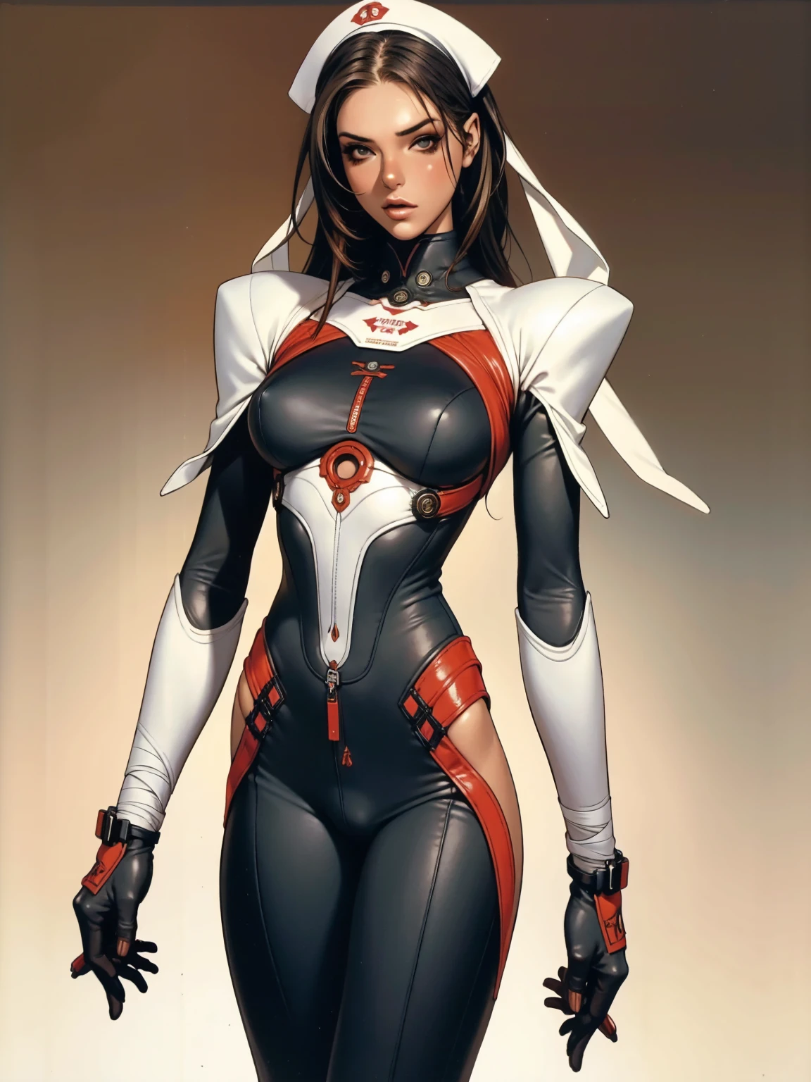 (((short arms))), ((( bike rider suit ))), (((bandaged arms))), ((high collar)), (((black with red details))), (((best qualityer: 1.4))), (Unbeatable masterpiece), (hiper HD),(CG 8k hyper-realistic), (((brave face))), (((breasts big))), (((hyper feminine))), sexly girl, Kaneda bike,（black bob hair)), ((( sculptural body ))), (((1 Kizi))), Kizi cibernética de 25 anos com perfectbody,,Beautiful and well-groomed face,muscular body:1.2,solid color detailed jacket, (Head to thigh photos)， Complex equipment, green dark，Long pants，Tight clothes are dark，With white stars and off-white stripes,,,,,Armor Metal Electronic Parts, Poison tattoos ) INFO, Kizi, (((standing alone))), pirralha violent, ((())), sexly, pose de atitude, work of art, post-apocalypse, (((manga style))), bounty hunter, violent, Manic, the way you want, slenderbody, thin but strong, perfectbody, roupa moderna, advanced technology, neon, sleeves with vertical striped pattern, neutral background, (( cowboy shot )). intricate visual