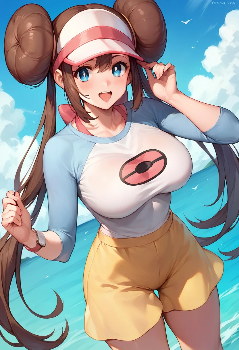 masterpiece, Highest quality, rosa pokemon, brown hair, Blue eyes, long hair, hair bun, double bun, twintails, bangs, sidelocks, Very large breasts, Thick legs, Fascinating face,