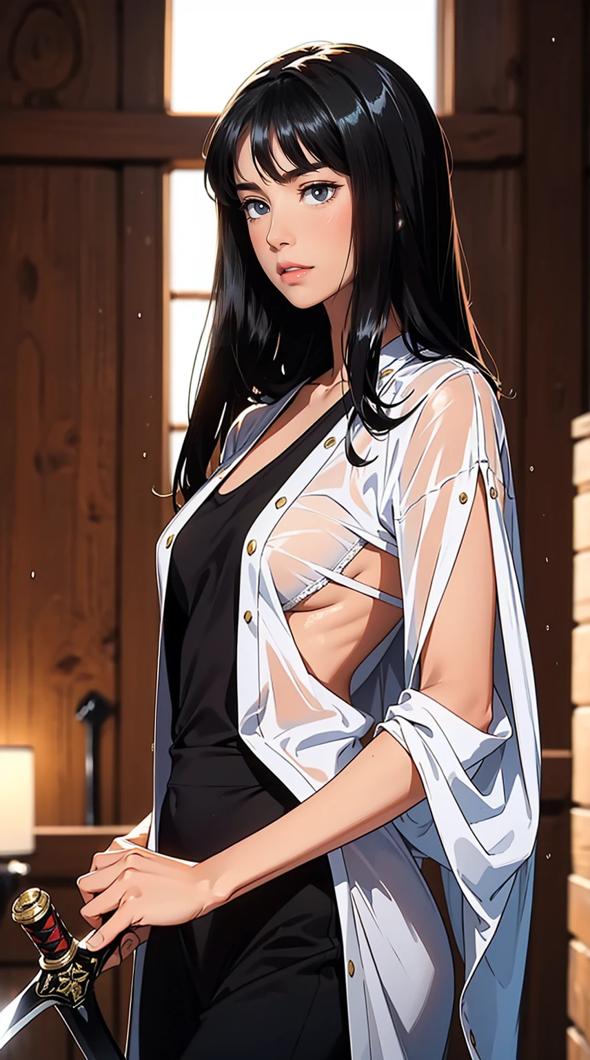  (best quality: 1.2), clean face, (masterpiece: 1.2, 8k) perfect anatomy, 1girl,a beautiful fashion model ,(masterpiece, official art, best quality ,long and shiny hair,, ，Bigchest，Revealing Outfit， Wet straight hair， Sweating profusely，best qualtiy，，，ultra - detailed，facing at camera，A high resolution，ultra - detailed），Very long hair，Combat posture，Sword in one hand, blunt bangs