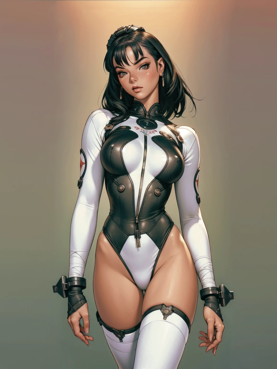 (((Bettie Page))), ((( nano suit ))), (((bandaged arms))), (((gladiator suit))), ((high collar)), (((Mediovale))), (((best qualityer: 1.4))), (Unbeatable masterpiece), (hiper HD),(CG 8k hyper-realistic), (((brave face))), (((breasts big))), (((hyper feminine))), sexly girl,（black bob hair)), ((( sculptural body ))), (((1 Kizi))), Kizi cibernética de 25 anos com perfectbody,,Beautiful and well-groomed face,muscular body:1.2,solid color detailed jacket, (Head to thigh photos)， Complex equipment, green dark，Long pants，Tight clothes are dark，With white stars and off-white stripes,,,,,Armor Metal Electronic Parts, Poison tattoos ) INFO, Kizi, (((standing alone))), pirralha violent, ((())), sexly, pose de atitude, work of art, post-apocalypse, (((manga style))), bounty hunter, violent, Manic, the way you want, slenderbody, thin but strong, perfectbody, roupa moderna, advanced technology, neon, sleeves with vertical striped pattern, neutral background, (( cowboy shot )). intricate visual