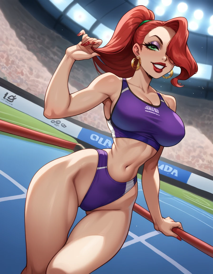 score_9, score_8_up, score_7_up, source_anime, 1girl, red hair, long hair, hair over one eye, green eyes, lipstick, makeup, earrings, competition sports, (purple tank top), (large purple buruma), Stadium full of people. Olympics. white trims, best quality, expressive eyes, short ponytail, high ponytail,, realistic BREAK 1girl, solo.  looking at viewer, dutch angle, looking up, smile, (big hips), hourglass body, happy, thigh gap, lips, red lips, lipstick,  BREAK parted lips,nail polish, ((narrow waist)), looking at viewer, thighs, indoors, 