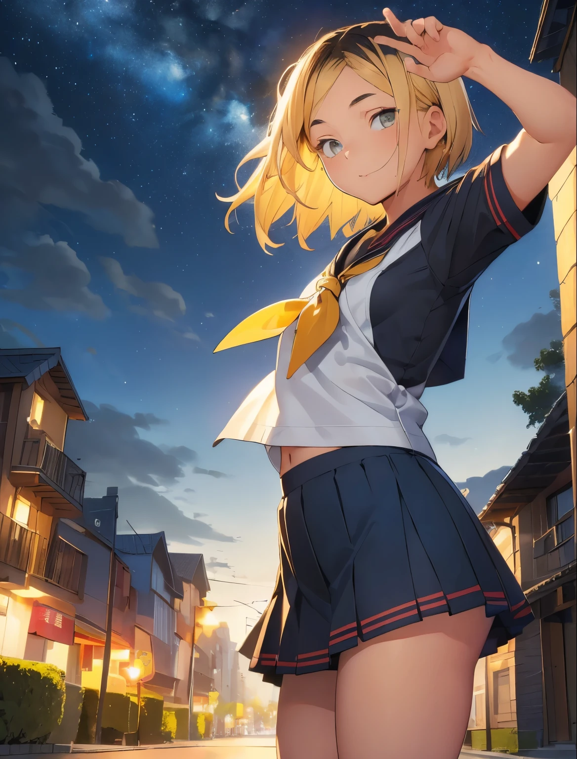 (masterpiece, Highest quality, Highest quality)，16K，very young，，very cute，alone,Baby Face，blonde，Black Hair，variegated hair，Very short stature，Very small ass，Very thin thighs，Bruises and gestures，(Short-sleeved sailor uniform:1.3)，mini skirt，exterior，Night Park，Night Sky,