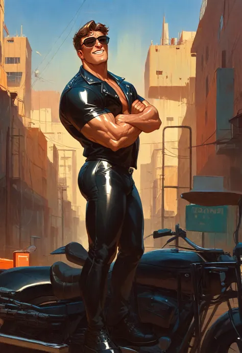 handsome and huge gangster bodybuilder roman todd on motorcycle, huge muscles, crotch lump, shiny black quilted and studded leat...