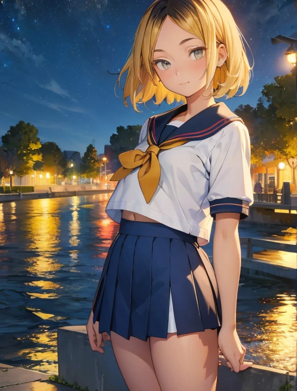 (masterpiece, Highest quality, Highest quality)，32K，Very young girl，very cute，alone,Baby Face，blonde，Black Hair，variegated hair，Very short stature，Very small ass，Very thin thighs，Bruises and gestures，(Short-sleeved sailor uniform:1.3)，mini skirt，exterior，Night Park，Night Sky，Fireworks，Fireworks display，
