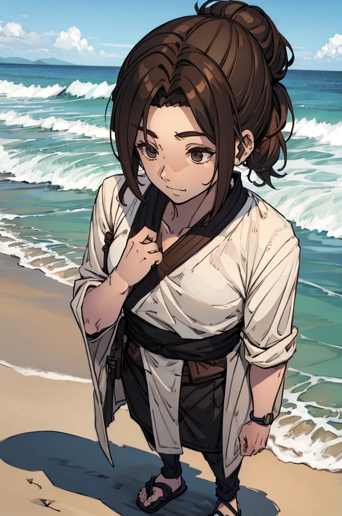 Man in beach clothes with shirt, brown hair samurai bun, fully body