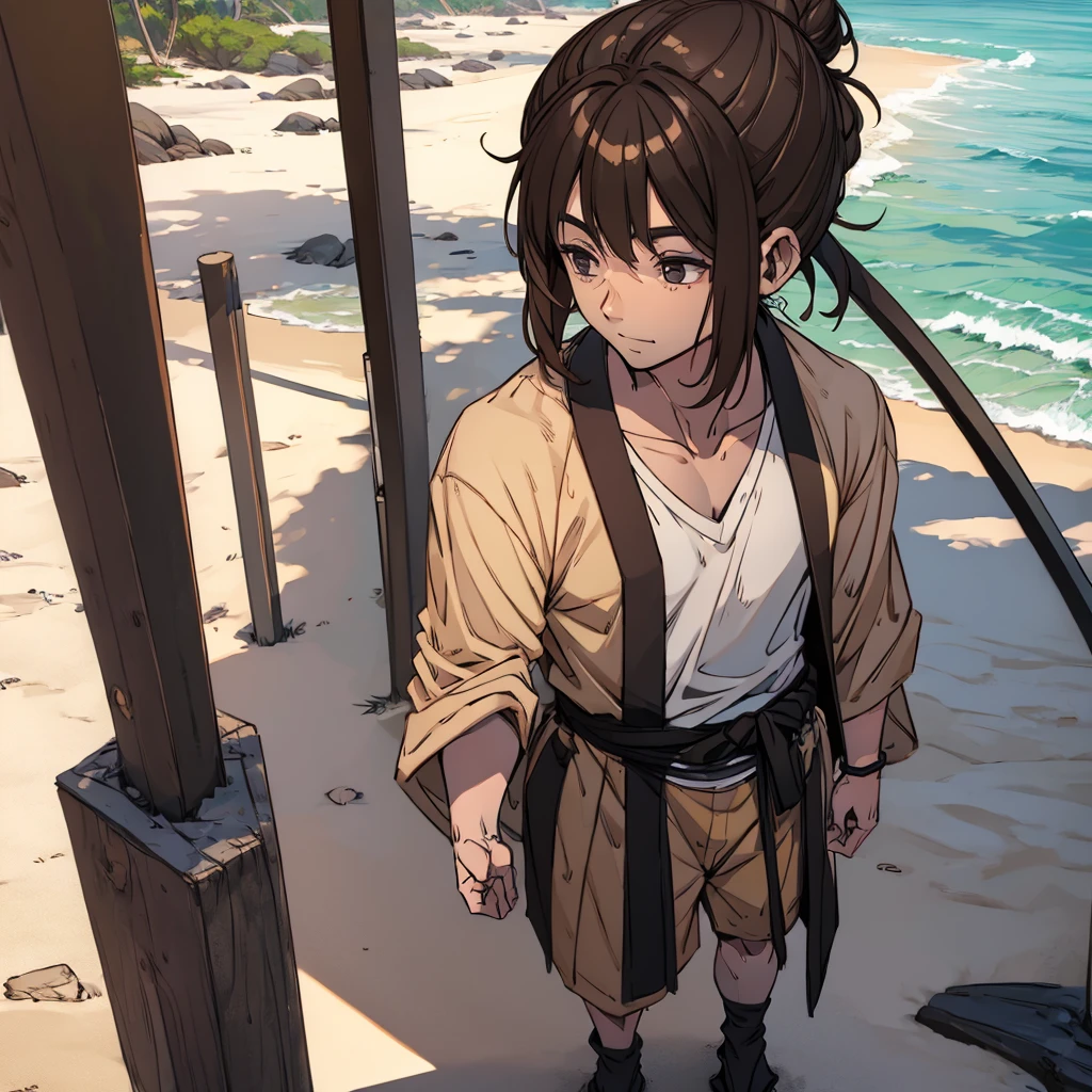 Man in beach clothes with shirt, brown hair samurai bun, fully body