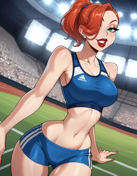 score_9, score_8_up, score_7_up, source_anime, 1girl, red hair, long hair, hair over one eye, green eyes, lipstick, makeup, earr...