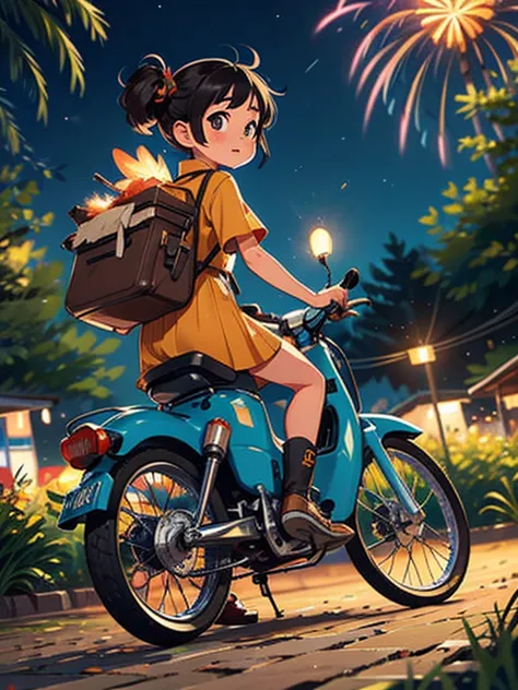 32k，uhd high resolution，octane rendering，steampunk，(hyper detail: 1.2)，girl riding a super cub、night，cute，very short stature，ver...