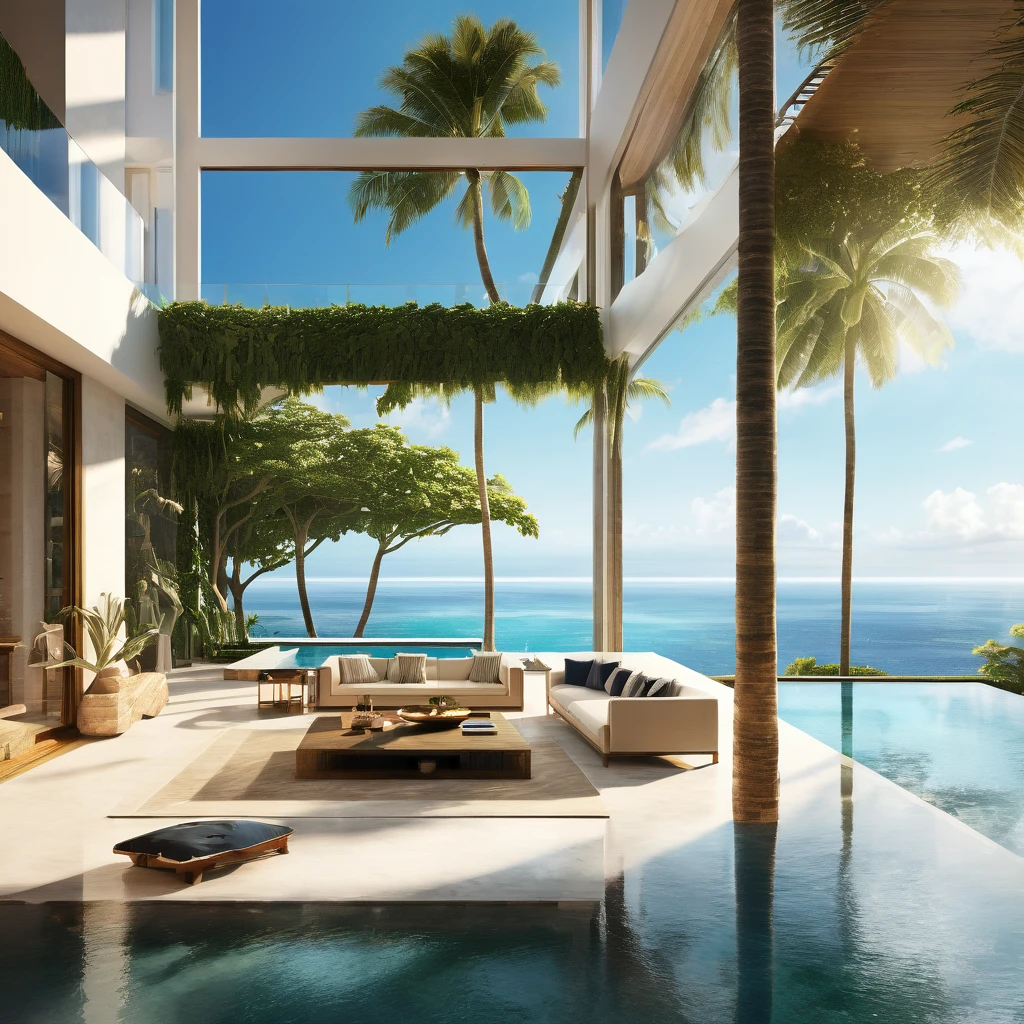 A modern luxury mansion with an infinity pool overlooking the ocean, floor-to-ceiling windows, and a sleek, minimalist interior design. A super realistic, high-definition image of a group of friends enjoying their time in an exotic villa. The setting features lavish interiors with stunning architecture, including expansive floor-to-ceiling windows that open to a breathtaking view of the ocean or lush greenery. The friends are positioned far away from the photographer, casually lounging on luxurious furniture or gathered around a stylish outdoor pool area. The scene is vibrant, with detailed reflections, warm lighting, and subtle shadows, capturing the essence of a perfect getaway in an exclusive, opulent location.