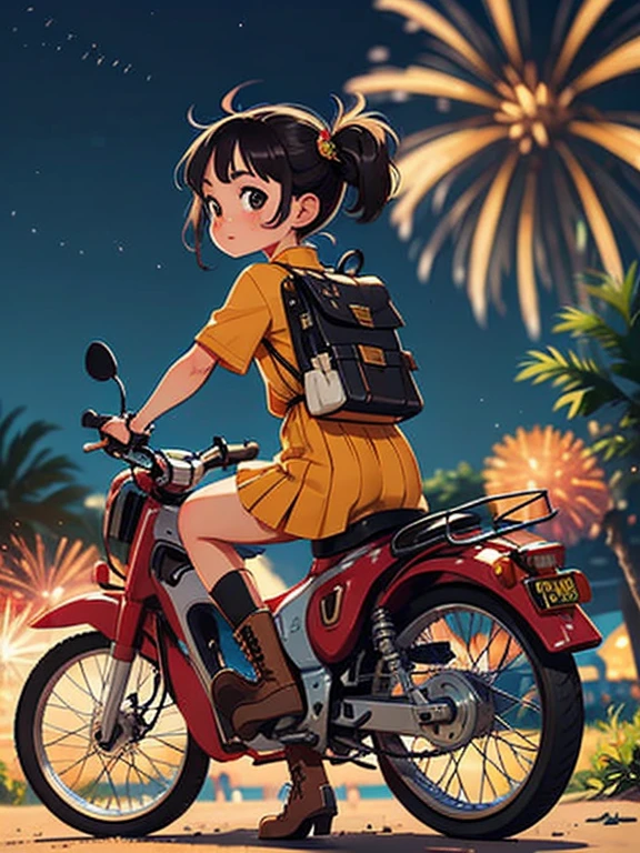 32K，UHD High Resolution，Octane Rendering，steampunk，(Hyper Detail: 1.2)，Girl riding a Super Cub、night，cute，Very short stature，Very thin thighs，Loading a lot of luggage into a yellow Super Cub，Short dress，Semi-long twin tail hair，Black Hair，goggles，Black boots，Super Cub Details，Beach Campsite，Medium shot from behind，night空，Fireworks，Fireworks display，