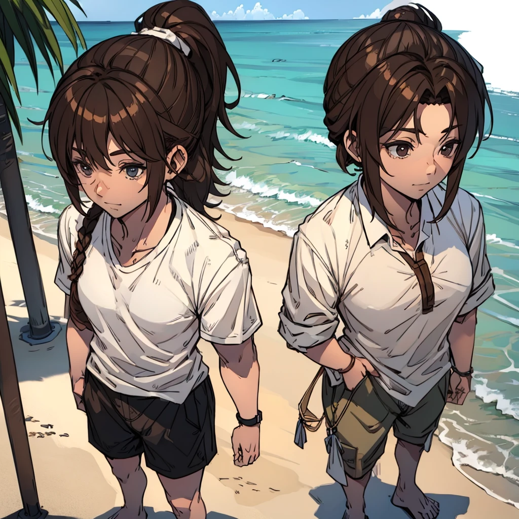 Man in beach clothes with shirt, brown hair ponytail, fully body