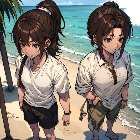 man in beach clothes with shirt, brown hair ponytail, fully body