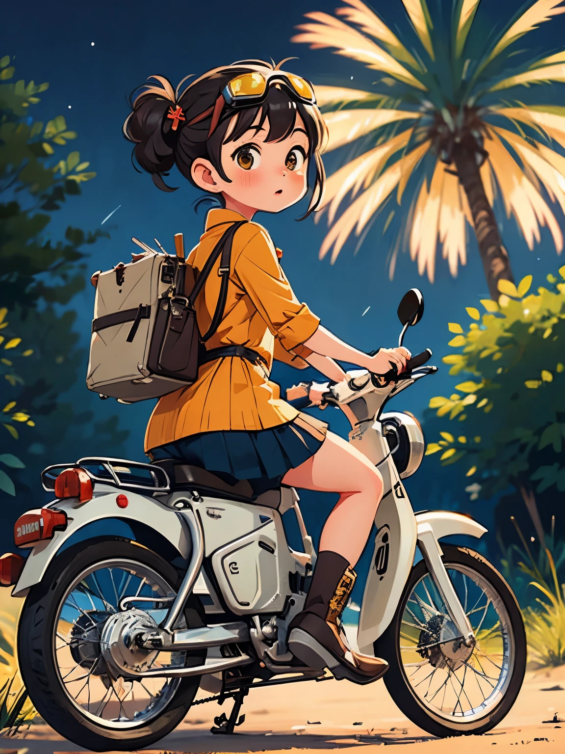 32K，UHD High Resolution，Octane Rendering，steampunk，(Hyper Detail: 1.2)，Girl riding a Super Cub、night，cute，Very short stature，Very thin thighs，Loading a lot of luggage into a yellow Super Cub，Short dress，Semi-long twin tail hair，Black Hair，goggles，Black boots，Super Cub Details，Head to the beach campsite，Medium shot from behind，night空，Fireworks，Fireworks display，
