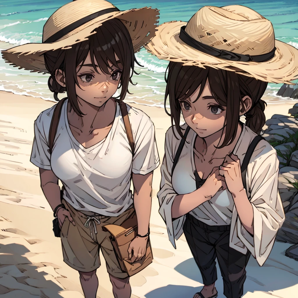 Man in beach clothes with shirt, brown hair ponytail, straw hat, fully body