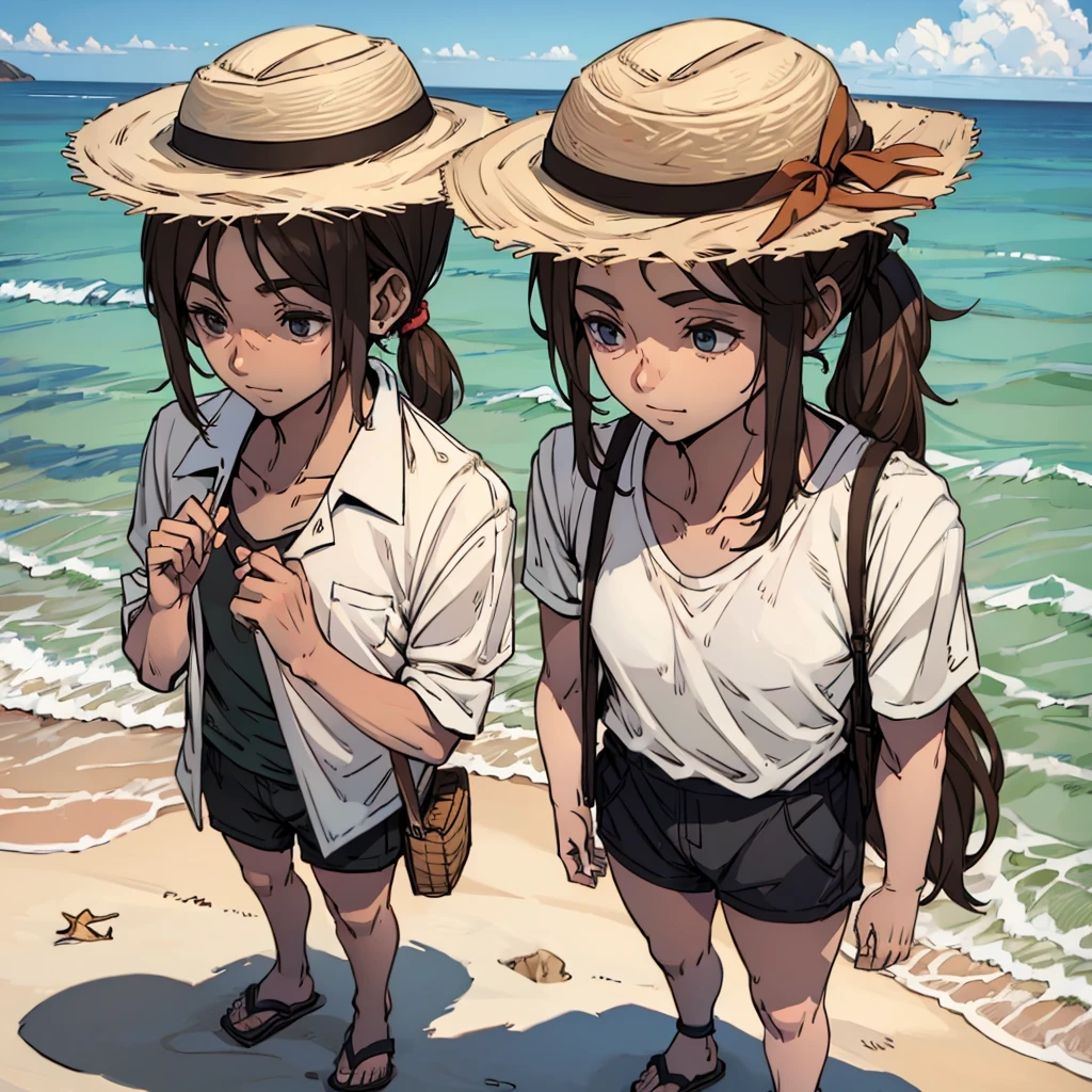 Man in beach clothes with shirt, brown hair ponytail, straw hat, fully body