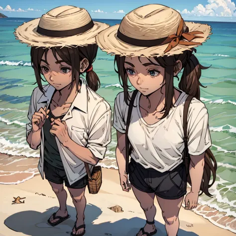 man in beach clothes with shirt, brown hair ponytail, straw hat, fully body