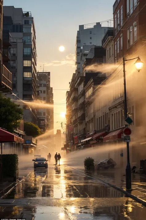 an evening scene. the sun is setting, casting a warm, golden light across the scene. water splashes onto a city street. the grou...