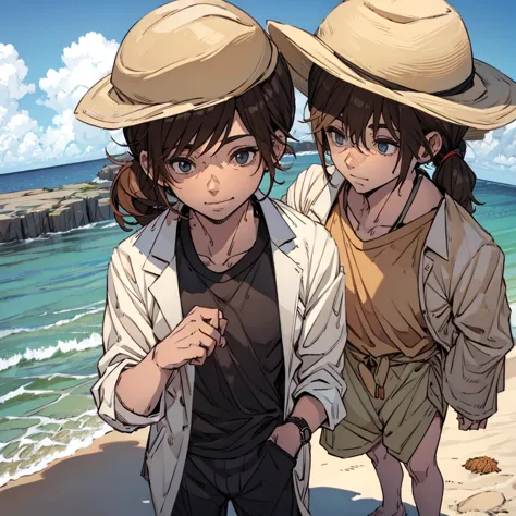 man in beach clothes with shirt, brown hair ponytail, fisherman's hat, fully body