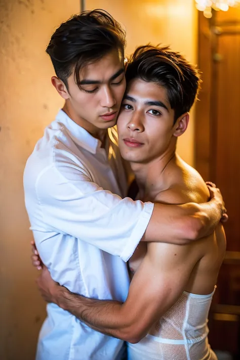 realistic photography, 8k ,thai man with brown hair, handsome hugging and kissing with older white american man , naked , big bu...