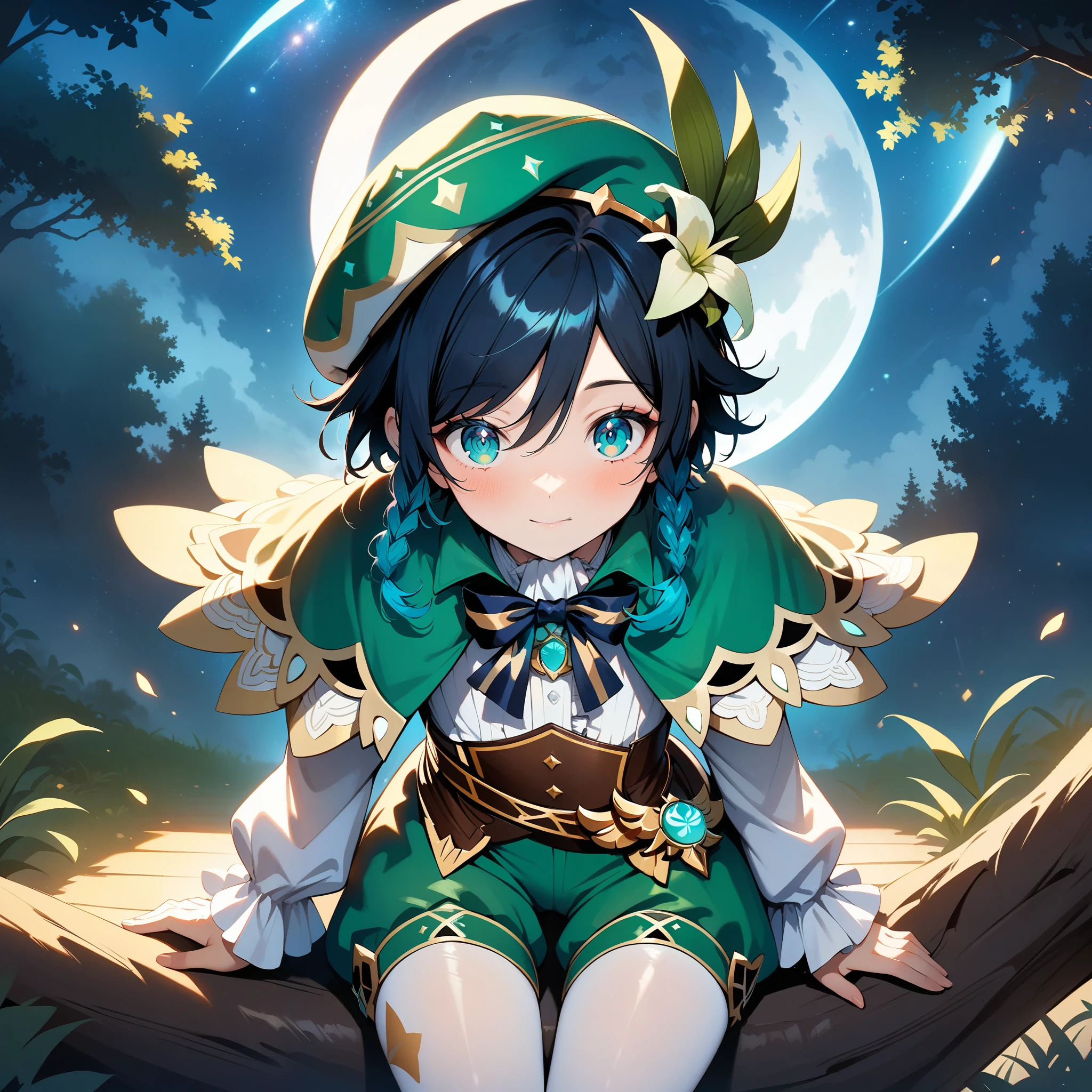 (best quality,4k,8k,highres,masterpiece:1.2),1boy,venti_\(genshin_impact\),sitting in tree,(face focus,detailed face and clear eyes),flat chest,realistic:.5,night time,ladyshadow,bluegreen eyes,mysterious smile,green cape,white long sleeved shirt,leather corset,(puffy green shorts),(plain white tights),green hat, dark night scene, starry sky with silver moon,dark,low light,deep blue lighting,