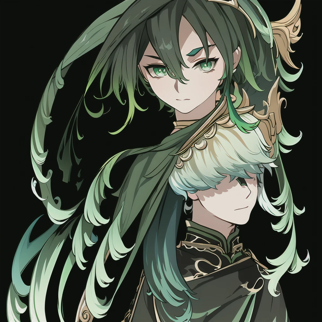 GenshinAvatar, (a boy with dark green hair and dark green eyes:1.4), highly_detailed, illustration, portrait, (((masterpiece))),(((bestquality))), (black_background:1.4), simple_background, 