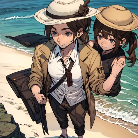 man in beach clothes with shirt, brown hair ponytail, fisherman's hat, fully body