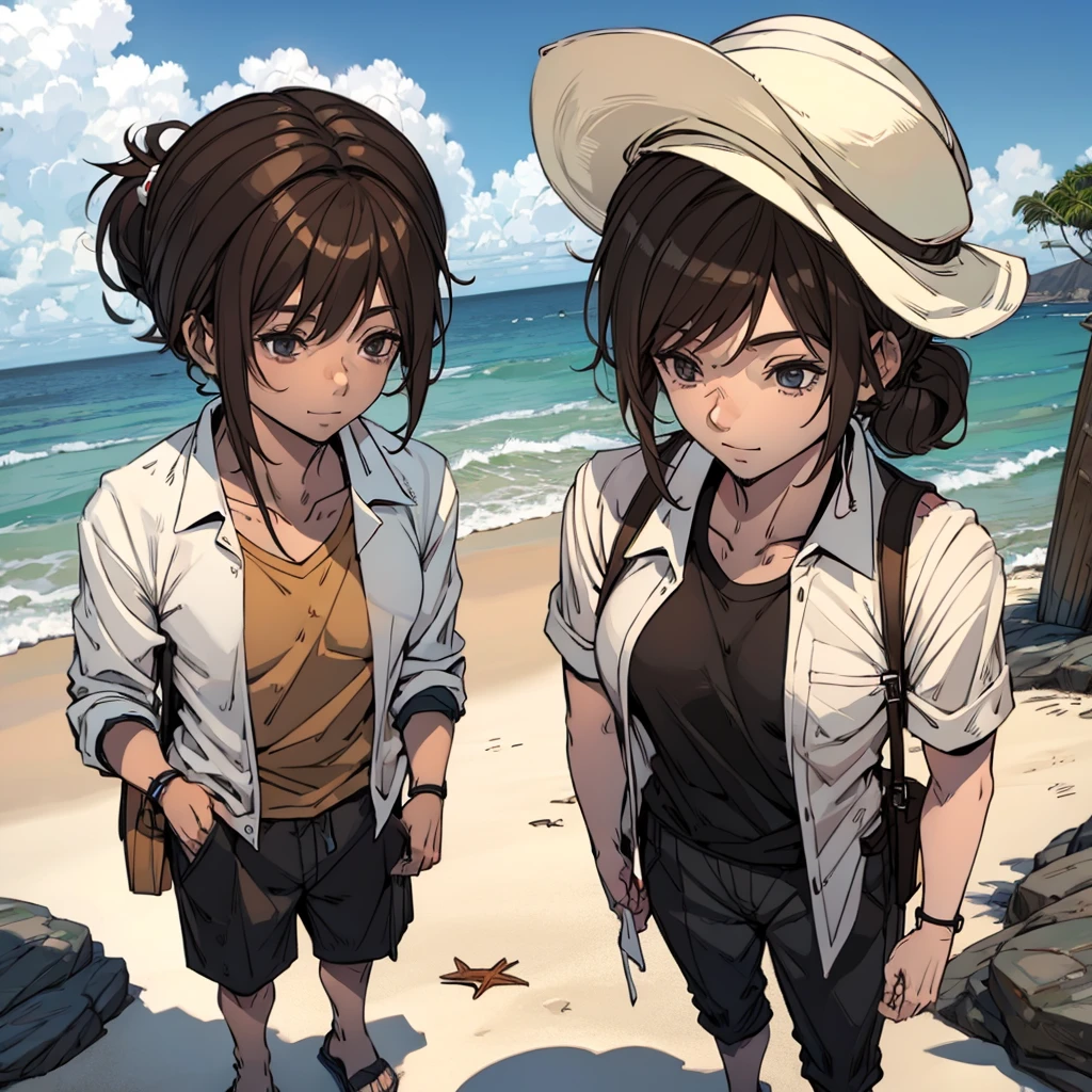 Man in beach clothes with shirt, brown hair ponytail, Fisherman's Hat, fully body