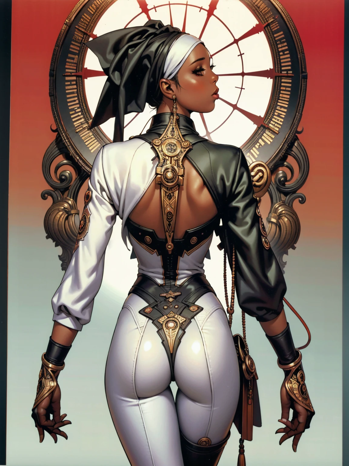 ((Kizi negra))), Kizi africana, (((skin black, darkskin))), (((white hair))), ((( nun suit ))), (((back view))), (((perfect ass))), ((high collar)), (((black with red details))), (((best qualityer: 1.4))), (Unbeatable masterpiece), (hiper HD),(CG 8k hyper-realistic), (((brave face))), (((breasts big))), (((hyper feminine))), sexly afro girl,（black bob hair)), ((( sculptural body ))), (((1 Kizi))), afro girl com perfectbody,,Beautiful and well-groomed face,muscular body:1.2,solid color detailed jacket, (Head to thigh photos)， Complex equipment, green dark，Long pants，Tight clothes are dark，With white stars and off-white stripes,,,,,Armor Metal Electronic Parts, Poison tattoos ) INFO, Kizi, (((standing alone))), pirralha violent, ((())), sexly, pose de atitude, work of art, post-apocalypse, (((manga style))), bounty hunter, violent, Manic, the way you want, slenderbody, thin but strong, perfectbody, roupa moderna, advanced technology, neon, sleeves with vertical striped pattern, neutral background, (( cowboy shot )). intricate visual