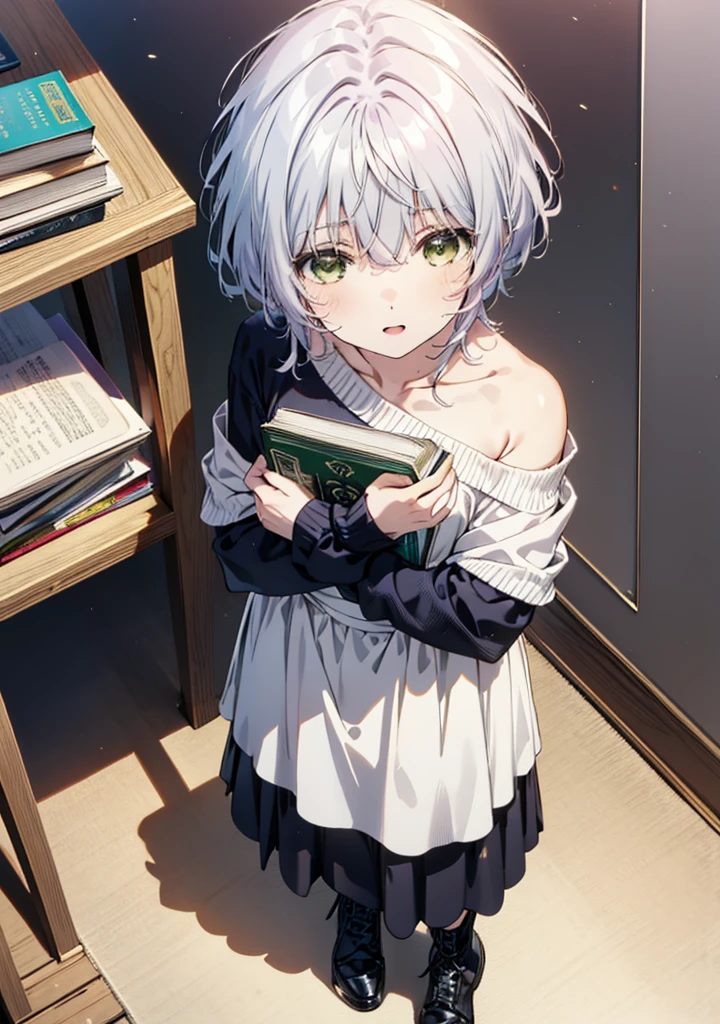 fuukakikuchi, fuuka kikuchi, short hair, bangs, Hair between the eyes, (Green Eyes:1.3),smile,Open your mouth,Grey Hair,One-shoulder sweater,Long skirt,Black pantyhose,short boots,Holding a book in both arms,Bookshelf,There are many books piled up on the table,whole bodyがイラストに入るように,
break indoors, figure書館,
break looking at viewer,whole body,
break (masterpiece:1.2), Highest quality, High resolution, unity 8k wallpaper, (figure:0.8), (Beautiful attention to detail:1.6), Highly detailed face, Perfect lighting, Highly detailed CG, (Perfect hands, Perfect Anatomy),