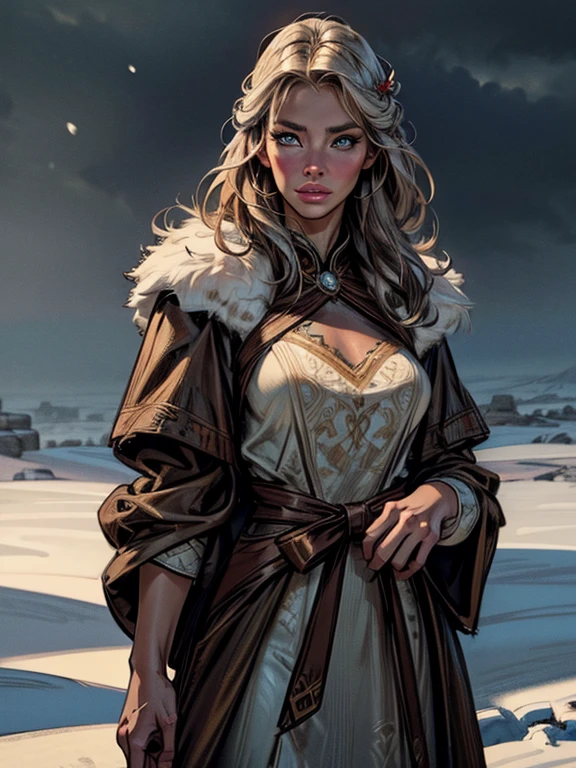 photorealistic, highly detailed, 1 woman, Aela the huntress, standing in a snowy field, dramatic lighting, beautiful detailed eyes, beautiful detailed lips, extremely detailed face and skin, long eyelashes, wearing fur clothing, holding a bow, snow on the ground, snow falling, dramatic cloudy sky, (best quality,8k,highres,masterpiece:1.2),ultra-detailed,(realistic,photo-realistic:1.37),dramatic lighting,cinematic