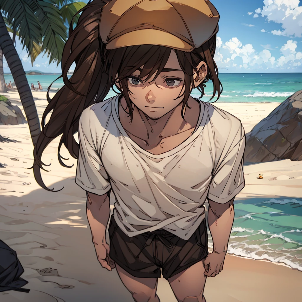 Man in beach clothes with shirt, brown hair ponytail, cap, fully body, depressed look