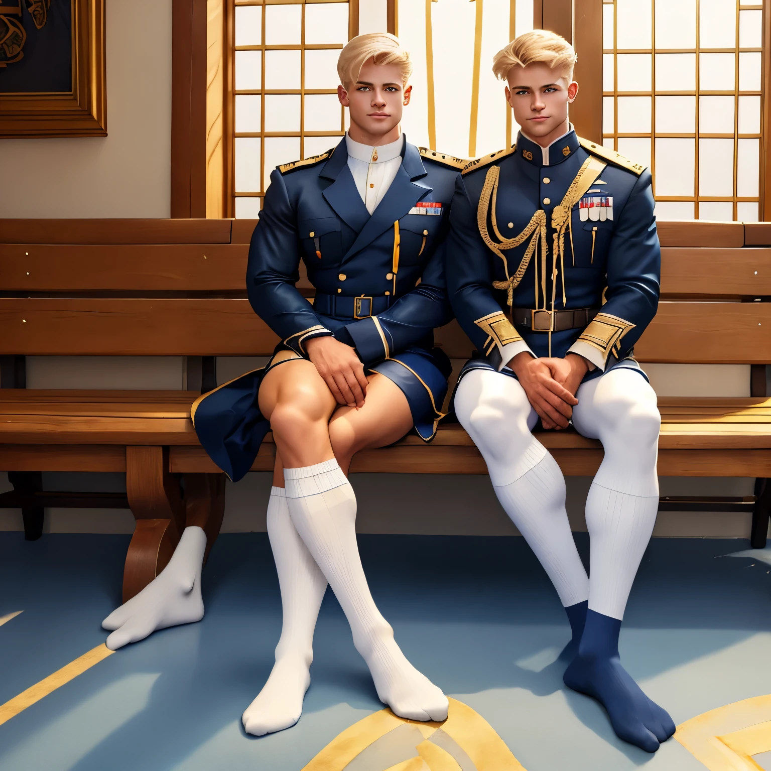 full view full body, one elite military school white blonde guy with military haircut, in navy-blue and gold leather uniform, navy-blue and gold leather shorts, long high white socks, shoes off, ancient gold signet ring, slim muscle, sitting in his long white socks on wooden bench in royal stables showing off his white socked feet, HQ photo