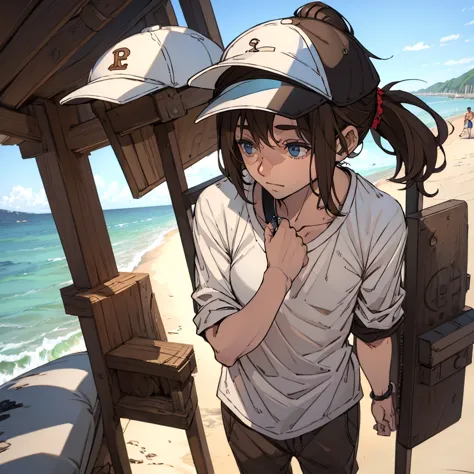 man in beach clothes with shirt, brown hair ponytail, cap, fully body, depressed look