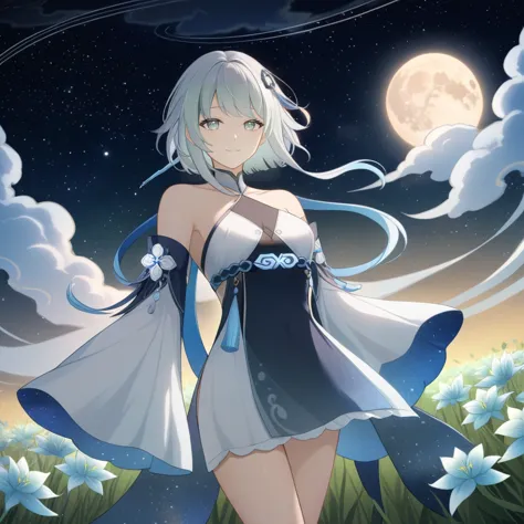 1girl, guizhong_\(genshin_impact\),light grey hair,short_hair_with_long_locks,starry_sky_print,detached_sleeves, long sleeves_pa...