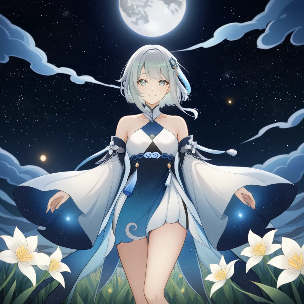 1girl, guizhong_\(genshin_impact\),light grey hair,short_hair_with_long_locks,starry_sky_print,detached_sleeves, long sleeves_past_fingers,hanfu,illustrated by matsuryuu and agahari and dsmile,pale blue eyes,stunning field of softly glowing blue and white glaze lilies,night scene,gentle smile,moonlight,glossy lips,vivid anime coloring,cel shading,smooth, soft dreamy focus,anklet,halter_top,white clothes,highly detailed,digital painting,field of flowers,bare_shoulders,wlop,barefoot,cool night tones, magical night scene,masterpiece, best quality, film, professional, 4k, highly detailed,Guardian nebula of rainbow light and silvery vapor,starry,cosmic,goddess,rich color,hdr,silver moon,

A woman shrouded in mystery, Stand gracefully on the endless shore, Surrounded by shimmering stardust, The bell Creates a faint glow in the haze. Her face, Full of expression and depth
