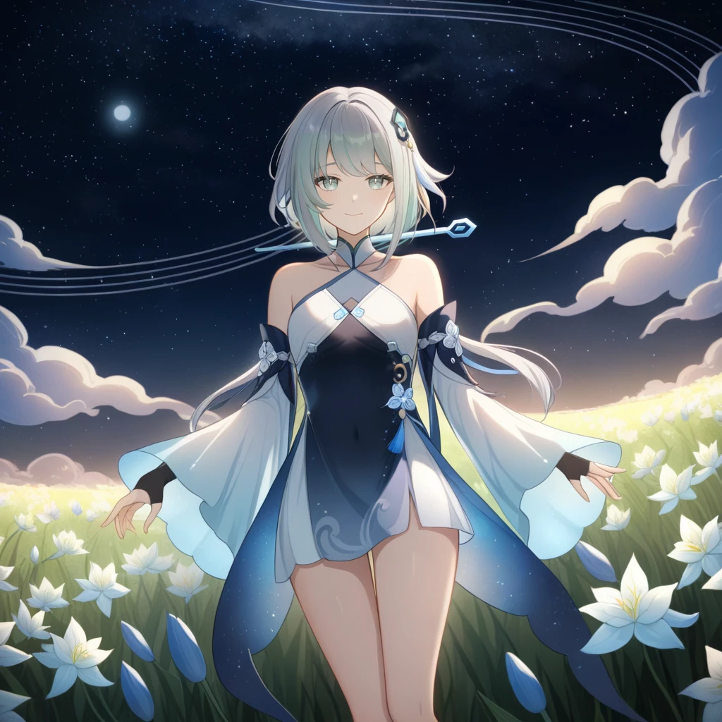 1girl, guizhong_\(genshin_impact\),light grey hair,short_hair_with_long_locks,starry_sky_print,detached_sleeves, long sleeves_past_fingers,hanfu,illustrated by matsuryuu and agahari and dsmile,pale blue eyes,stunning field of softly glowing blue and white glaze lilies,night scene,gentle smile,moonlight,glossy lips,vivid anime coloring,cel shading,smooth, soft dreamy focus,anklet,halter_top,white clothes,highly detailed,digital painting,field of flowers,bare_shoulders,wlop,barefoot,cool night tones, magical night scene,masterpiece, best quality, film, professional, 4k, highly detailed,Guardian nebula of rainbow light and silvery vapor,starry,cosmic,goddess,rich color,hdr,silver moon,

A woman shrouded in mystery, Stand gracefully on the endless shore, Surrounded by shimmering stardust, The bell Creates a faint glow in the haze. Her face, Full of expression and depth
