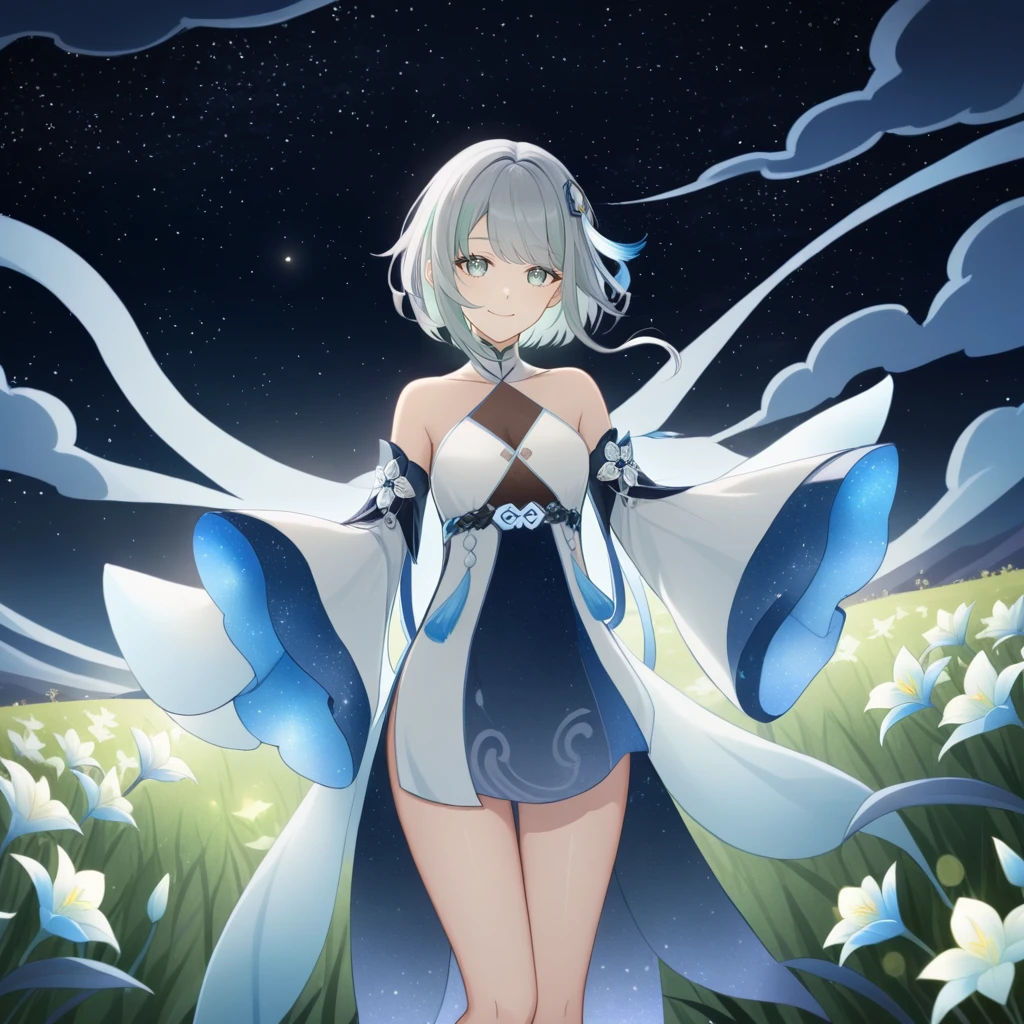 1girl, guizhong_\(genshin_impact\),light grey hair,short_hair_with_long_locks,starry_sky_print,detached_sleeves, long sleeves_past_fingers,hanfu,illustrated by matsuryuu and agahari and dsmile,pale blue eyes,stunning field of softly glowing blue and white glaze lilies,night scene,gentle smile,moonlight,glossy lips,vivid anime coloring,cel shading,smooth, soft dreamy focus,anklet,halter_top,white clothes,highly detailed,digital painting,field of flowers,bare_shoulders,wlop,barefoot,cool night tones, magical night scene,masterpiece, best quality, film, professional, 4k, highly detailed,Guardian nebula of rainbow light and silvery vapor,starry,cosmic,goddess,rich color,hdr,silver moon,

A woman shrouded in mystery, Stand gracefully on the endless shore, Surrounded by shimmering stardust, The bell Creates a faint glow in the haze. Her face, Full of expression and depth
