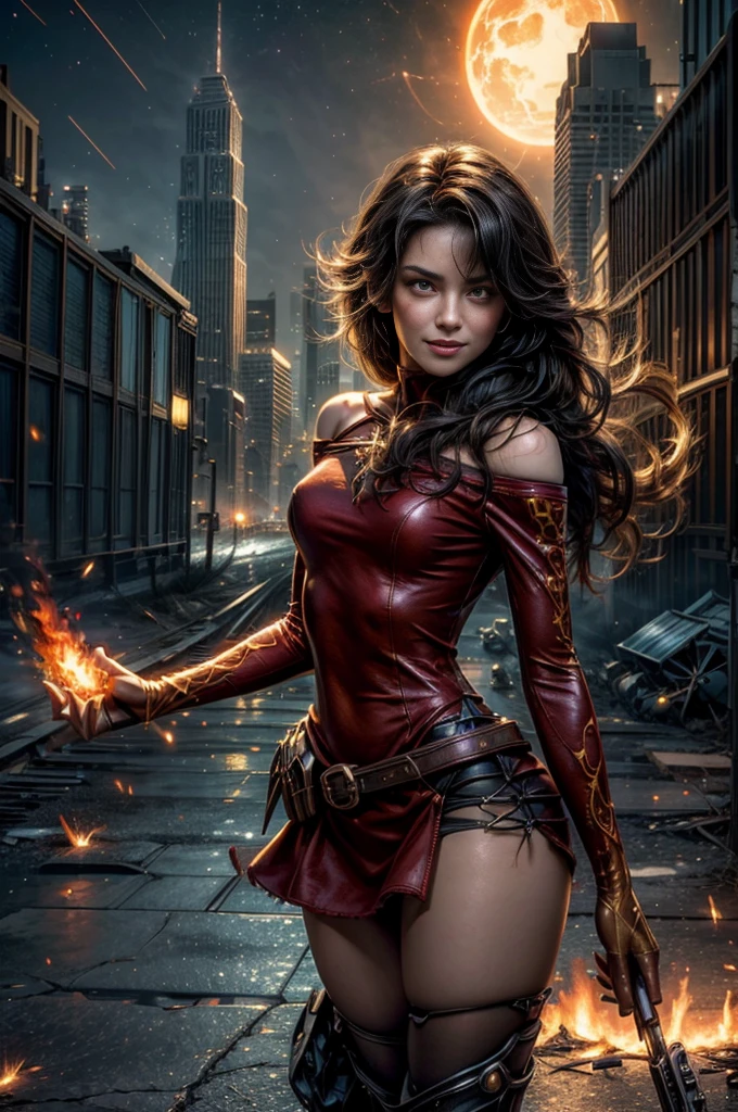 (masterpiece, best quality:1.2), cowboy shot, solo, 1girl, cinder fall, looking at viewer, long hair, red dress, elbow gloves, pantyhose, dynamic pose, next to wrecked bridge, wrecked skyscrapers, holding fire, night, stars, evil smile, post-apocalypse, dystopian future  crowd, (volumetric lighting), sharp focus, hyper detailed 