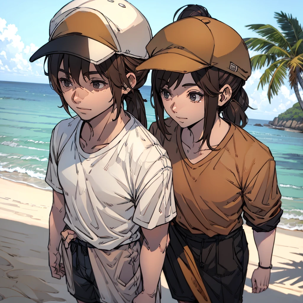 Man in beach clothes with shirt, brown hair ponytail, cap, fully body]