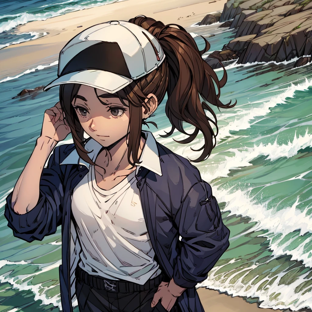 Man in beach clothes with shirt, brown hair ponytail, cap, fully body]