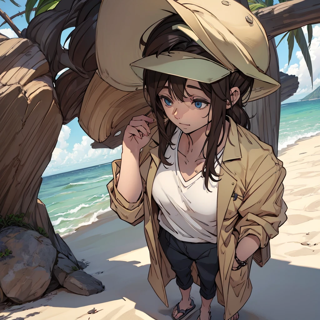 Man in beach clothes with shirt, brownhair, cap, fully body