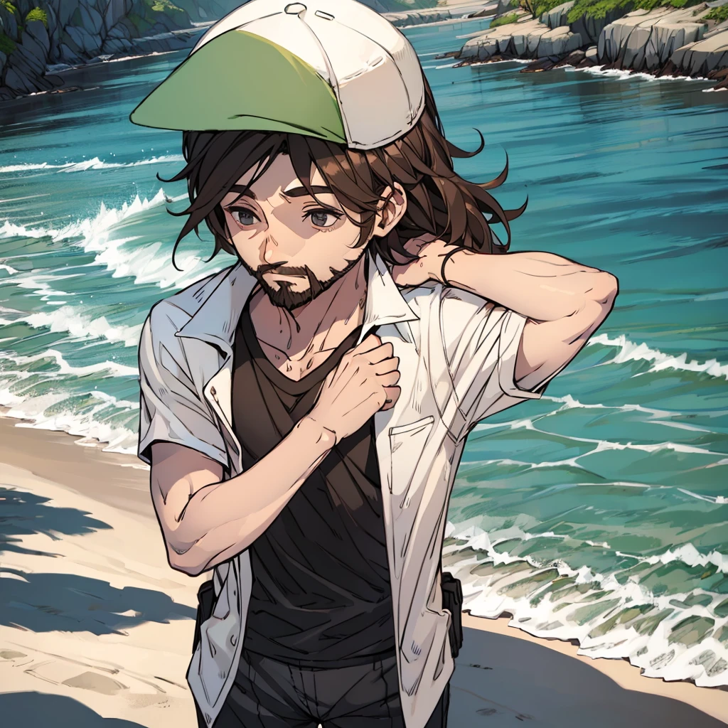 Man in beach clothes with shirt, brownhair, cap, short beard, fully body