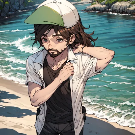 man in beach clothes with shirt, brownhair, cap, short beard, fully body